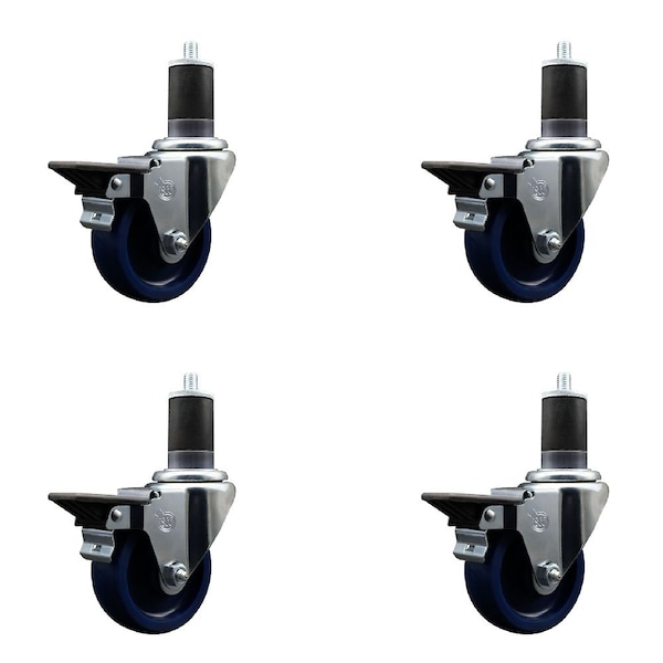 3.5'' Solid Poly Swivel 1-5/8'' Expanding Stem Caster Set with Brake, 4PK